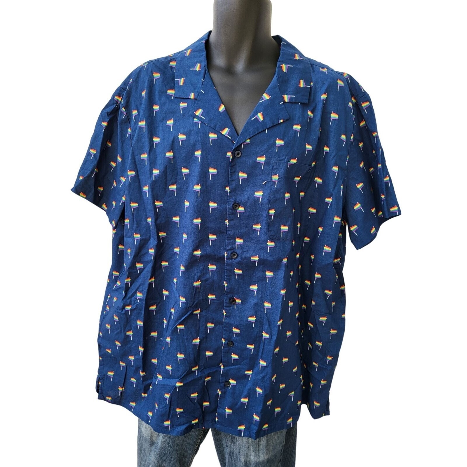 Pride Camp Shirt Men Xxl Navy Blue All Over Rainbow Flag Print Button Up Nwt